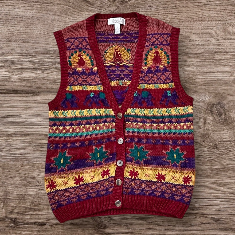 Vtg Cambridge Dry Goods Sweater Vest Sleeveless Knit Peacock Elephant M Medium